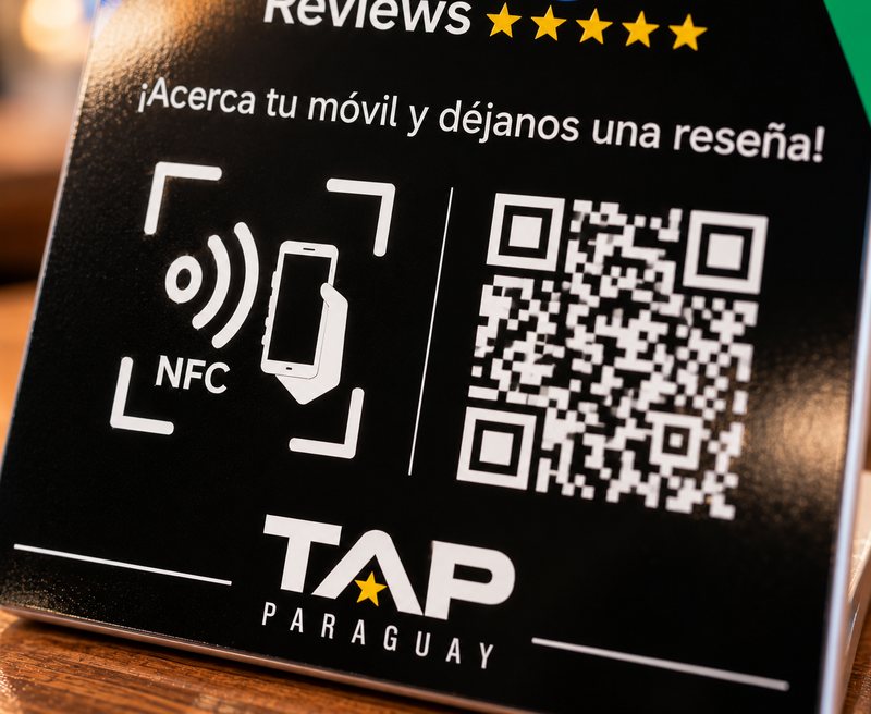 Detalle del símbolo NFC y del código QR sobre el acrílico