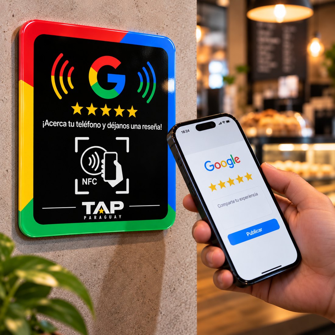 Placa de TAP-PARAGUAY en la pared de un café mientras un cliente deja su reseña desde el celular