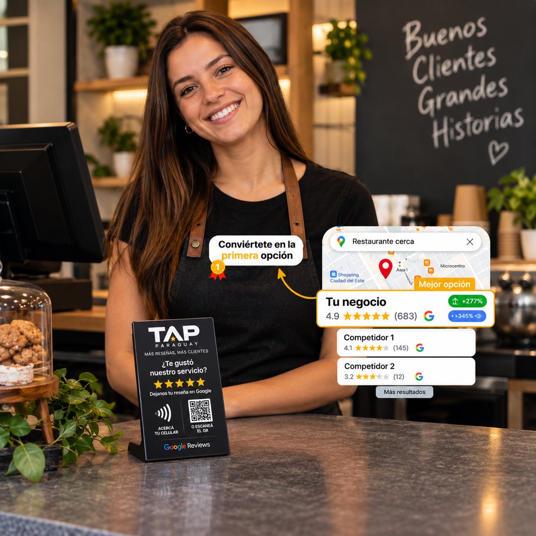 Dueña de un local con el expositor de TAP-PARAGUAY sobre el mostrador y la búsqueda de Google Maps mostrando su negocio primero