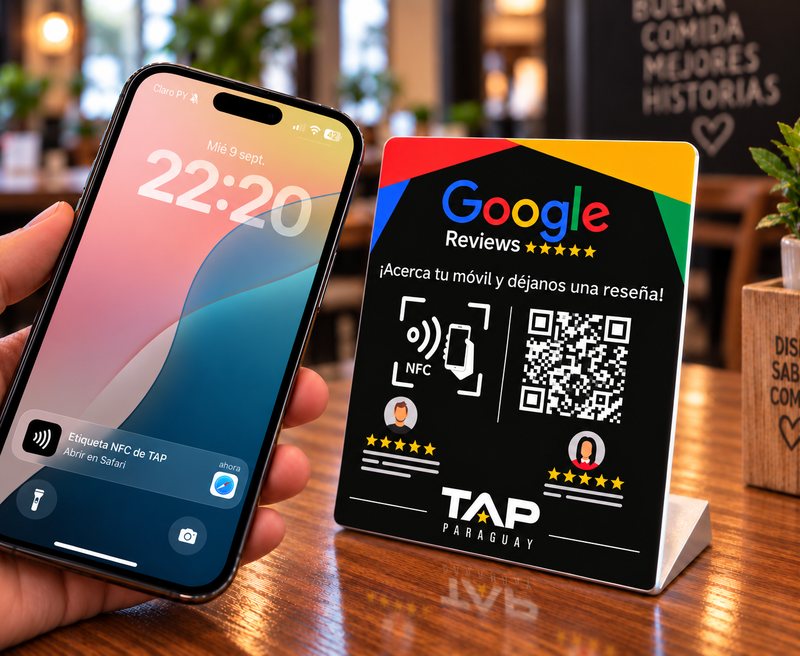 Celular acercándose al expositor, con el aviso de NFC en pantalla