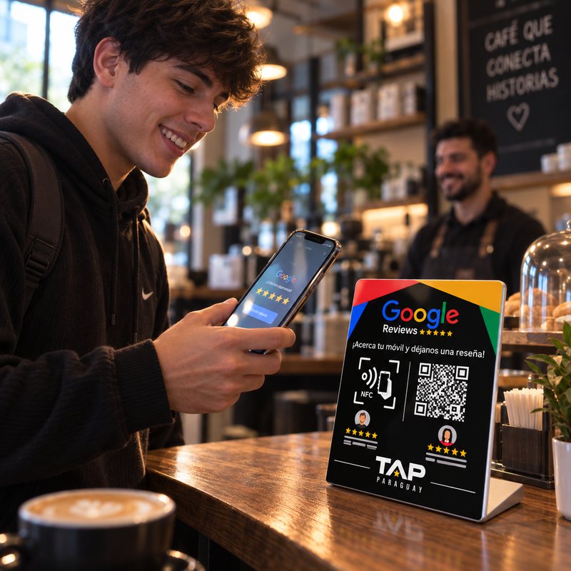 Cliente dejando su reseña en el mostrador del local